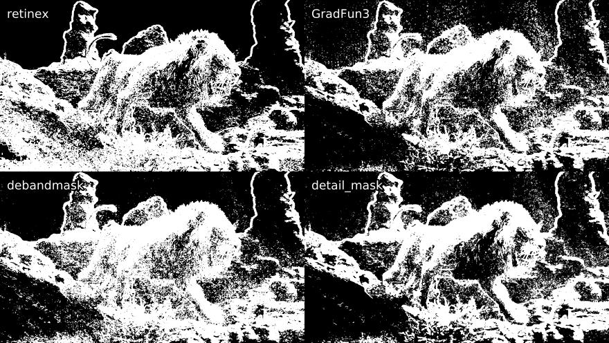 Comparison of retinex_edgemask.std.Binarize(8000).std.Maximum(), default GradFun3, default debandmask(lo=22 << 8, lothr=250, hi=48 << 8, hithr=500), and detail_mask(pre_denoise=.3, brz_a=300, brz_b=300).