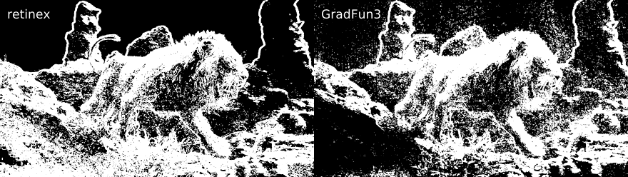 Comparison of retinex_edgemask.std.Binarize(8000).std.Maximum() and default GradFun3.